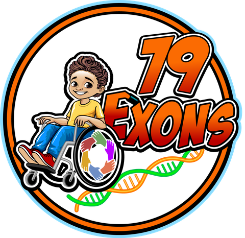 79 Exons logo: a smiling boy in a wheelchair with a DNA strand